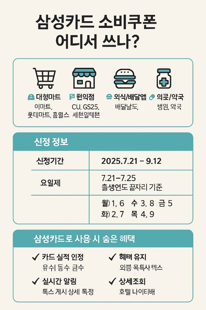 삼성카드 소비쿠폰 사용처 요약 인포그래픽